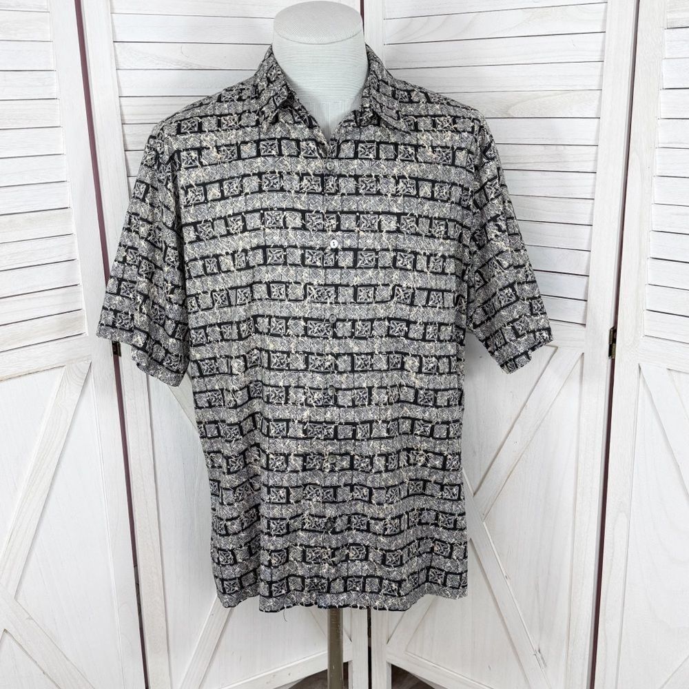 Tori Richard Tropical Print Cotton Lawn Button Up Camp Hawaiian Shirt Black